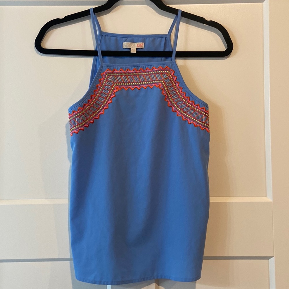 Gianni Bini Blue Tank Top with Pink and Gold Embroidery